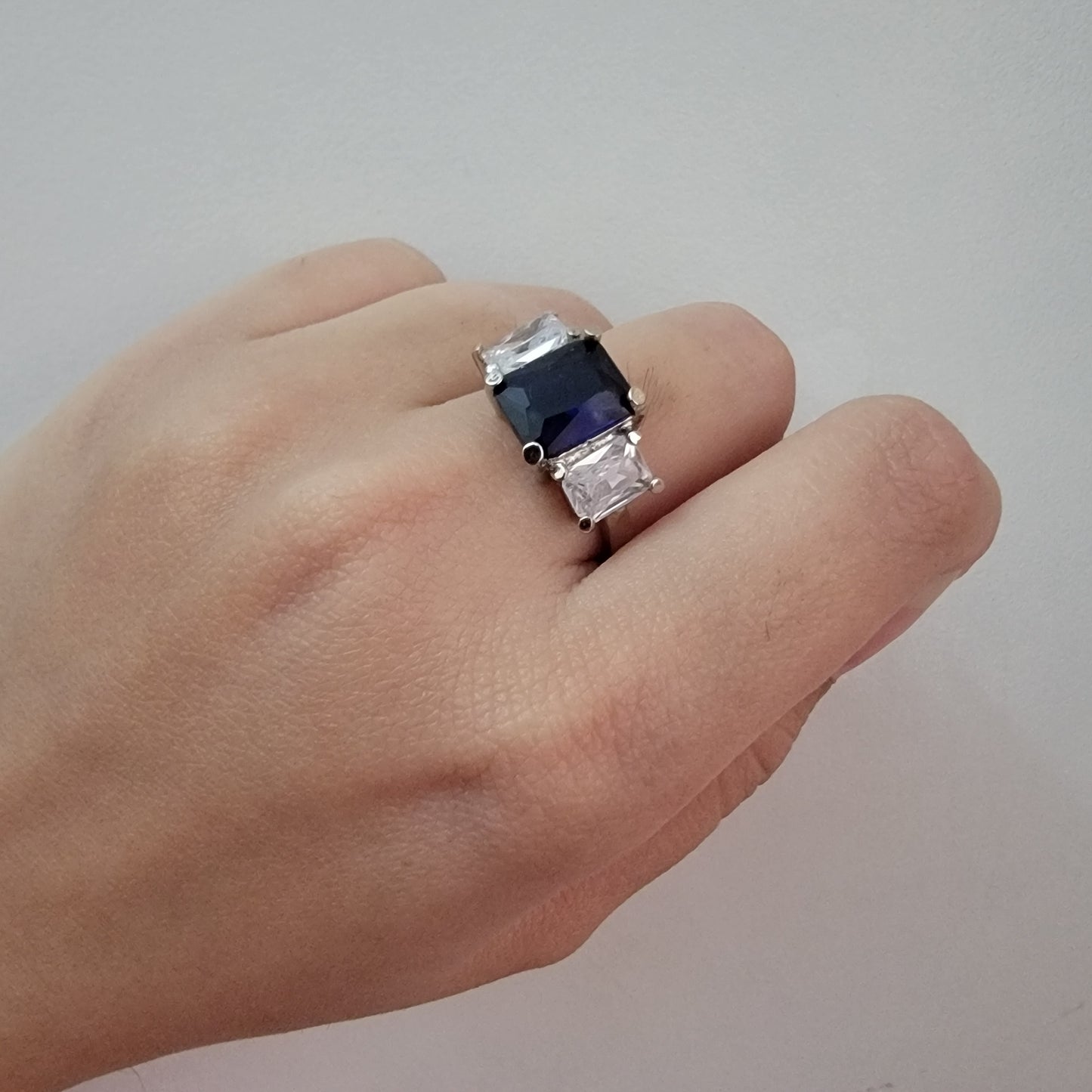 100% Real Silver Blue Sapphire Trilogy Ring