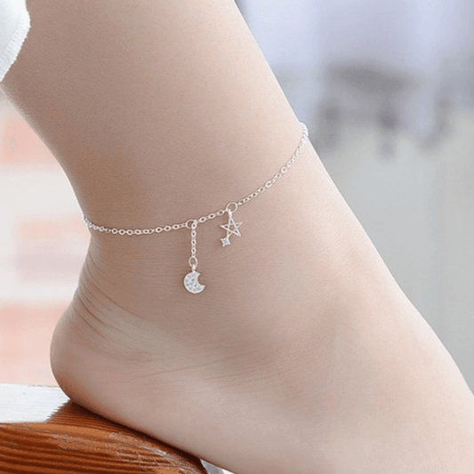 925 Sterling Silver Star & Moon Anklet - Unore Jewelry