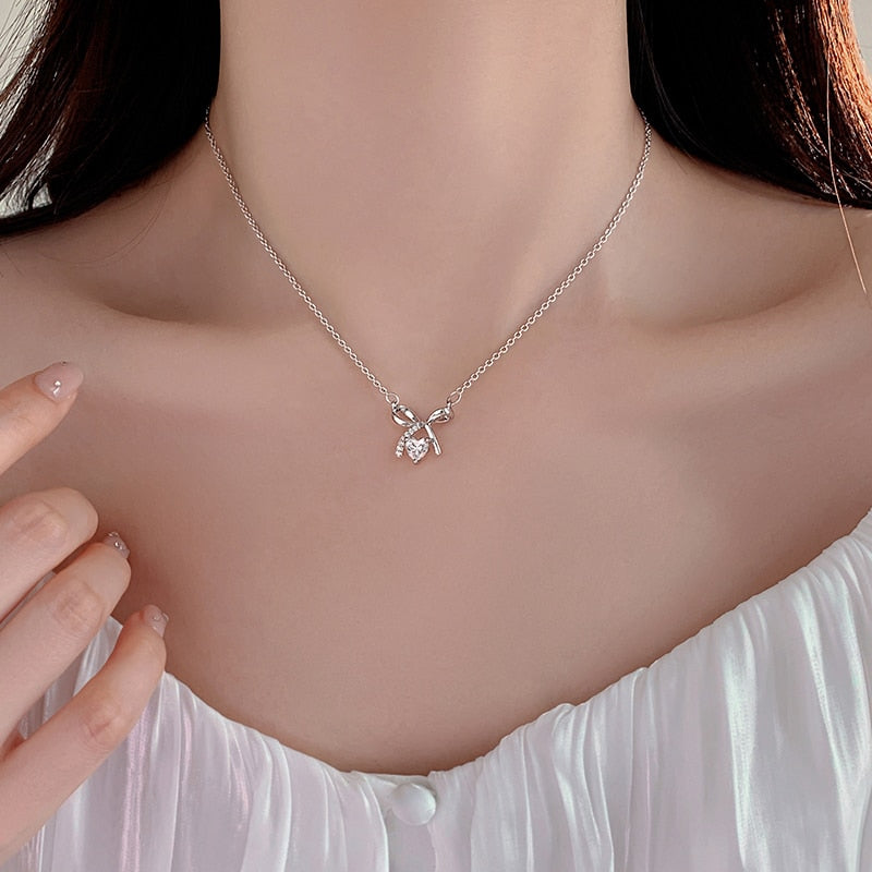 925 Sterling Silver Bow Drop Necklace - Unore Jewelry