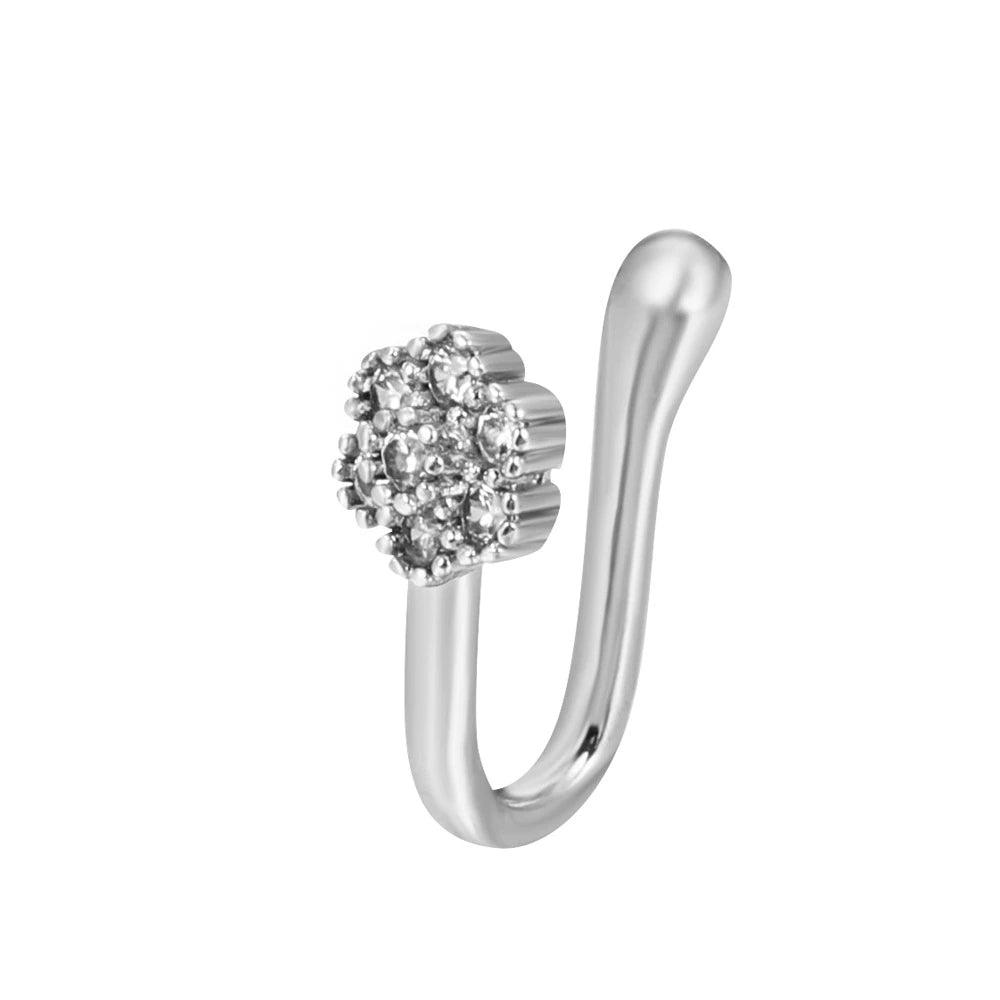 925 Sterling Silver U Shape Rhinestone Flower Nose pin - Unore Jewelry