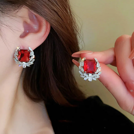 925 Silver/Chandi Red Crystal Earrings