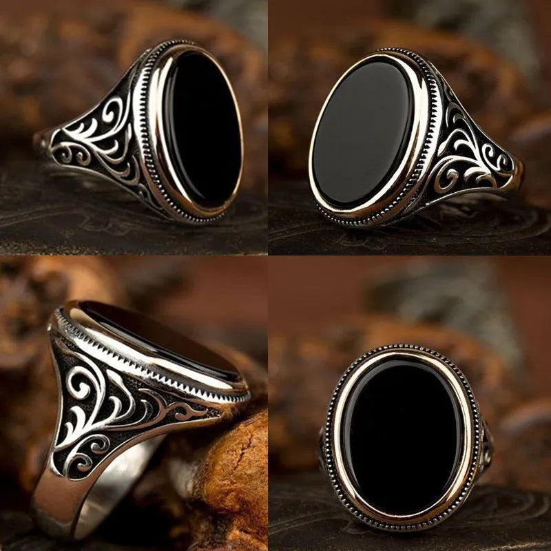 925 Silver/Chandi Craved Pattern Black Stone Ring - Unore Jewelry