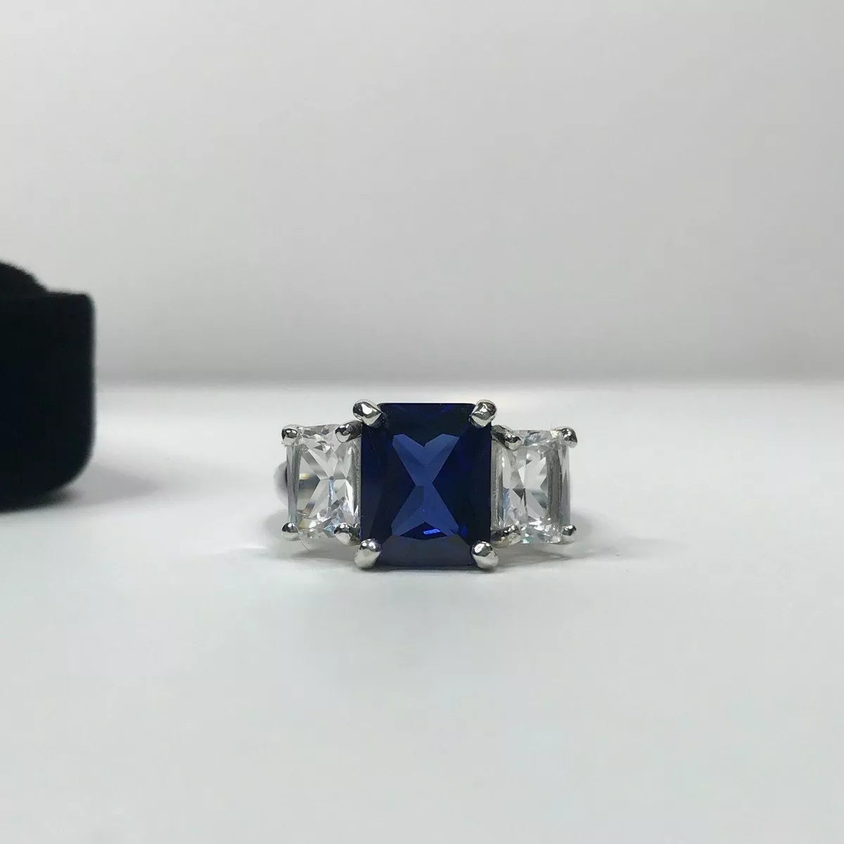 100% Real Silver Blue Sapphire Trilogy Ring