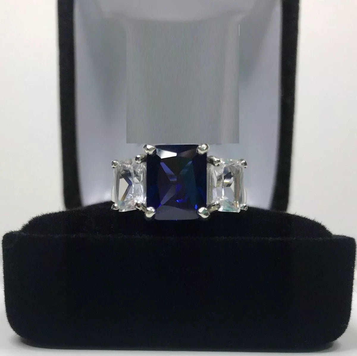 100% Real Silver Blue Sapphire Trilogy Ring